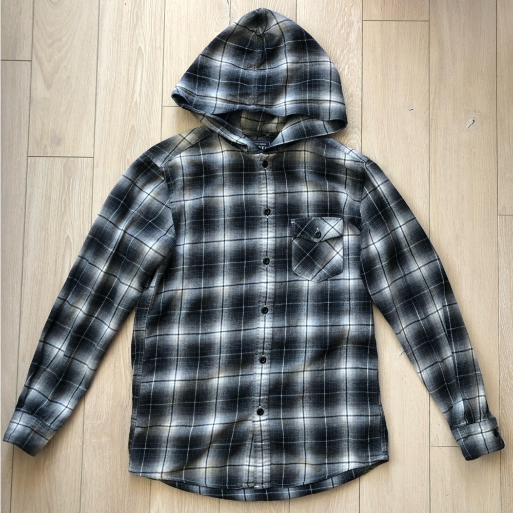 Uniqlo Black and Gray Plaid Hooded Flannel Shirt Size S - Picture 1 of 10